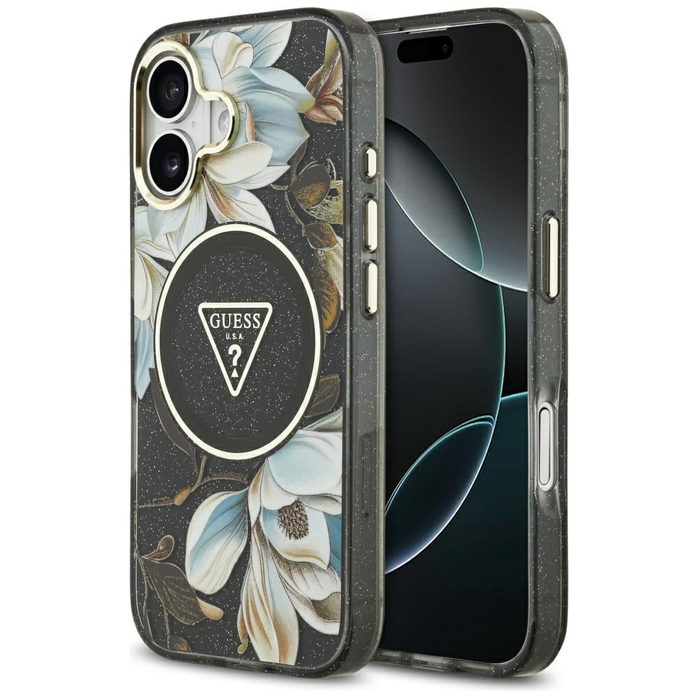 Étui MagSafe pour Apple iPhone 17, Guess, IML Metal Glitter Flowers Triangle, Noir