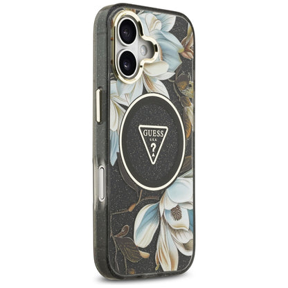 Étui MagSafe pour Apple iPhone 17, Guess, IML Metal Glitter Flowers Triangle, Noir