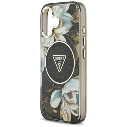 Étui MagSafe pour Apple iPhone 17, Guess, IML Metal Glitter Flowers Triangle, Noir