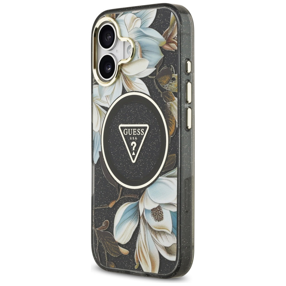 Étui MagSafe pour Apple iPhone 17, Guess, IML Metal Glitter Flowers Triangle, Noir