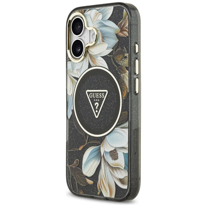 Étui MagSafe pour Apple iPhone 17, Guess, IML Metal Glitter Flowers Triangle, Noir