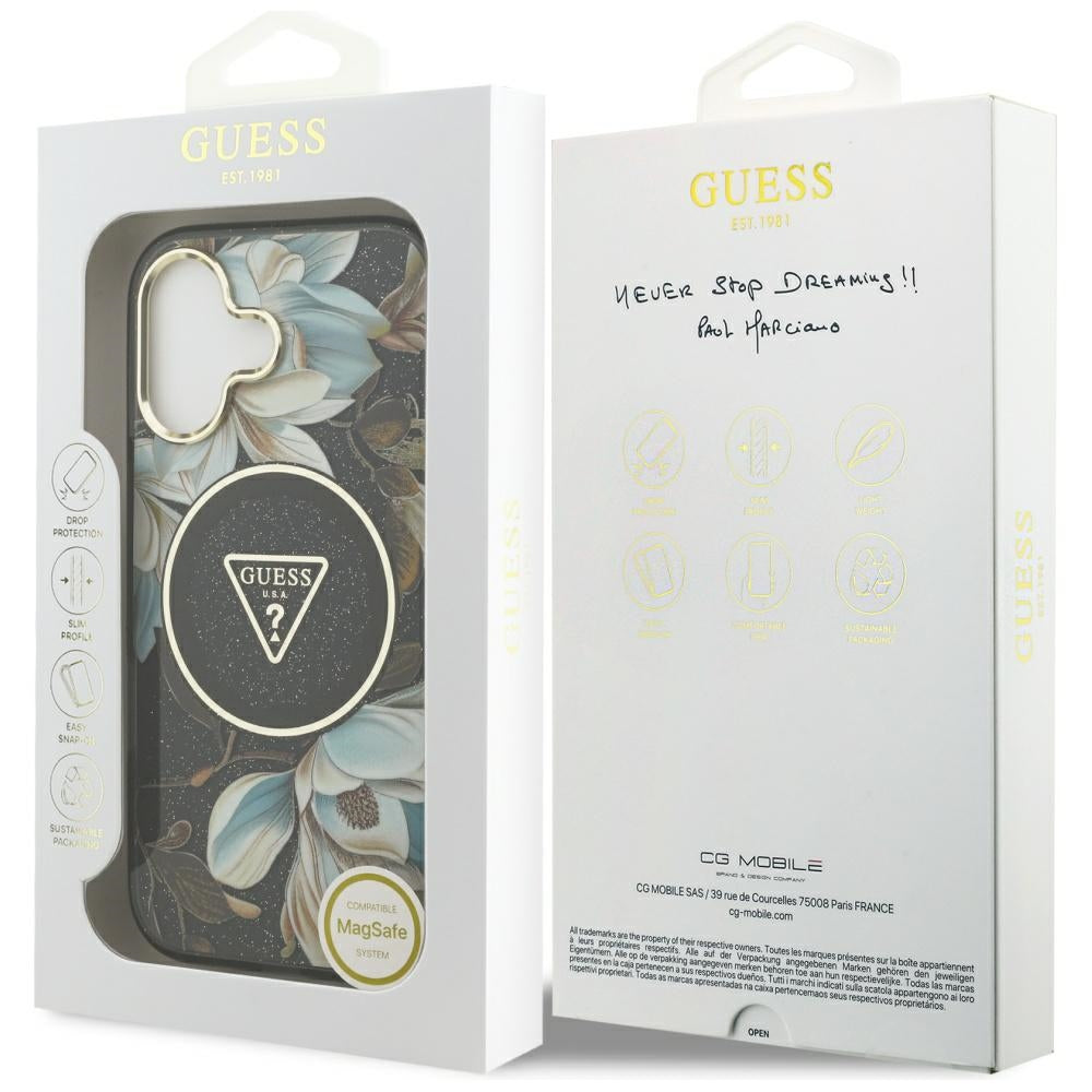 Étui MagSafe pour Apple iPhone 17, Guess, IML Metal Glitter Flowers Triangle, Noir