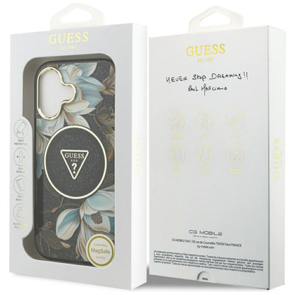 Étui MagSafe pour Apple iPhone 17, Guess, IML Metal Glitter Flowers Triangle, Noir