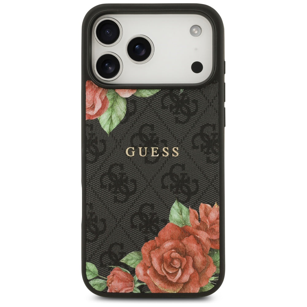 MagSafe Hülle für Apple iPhone 17 Pro, Guess, 4G Flowers Print, Schwarz