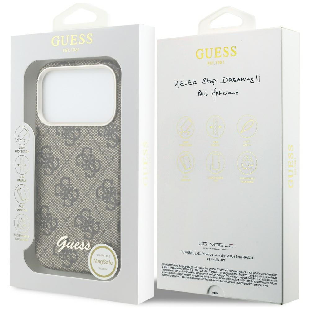 Coque MagSafe pour Apple iPhone 17 Pro, Guess, Logo Script 4G, Marron
