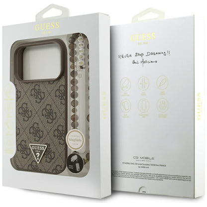 MagSafe Hülle für Apple iPhone 17 Pro, Guess, 4G Triangle Logo mit Perlenriemen, Braun