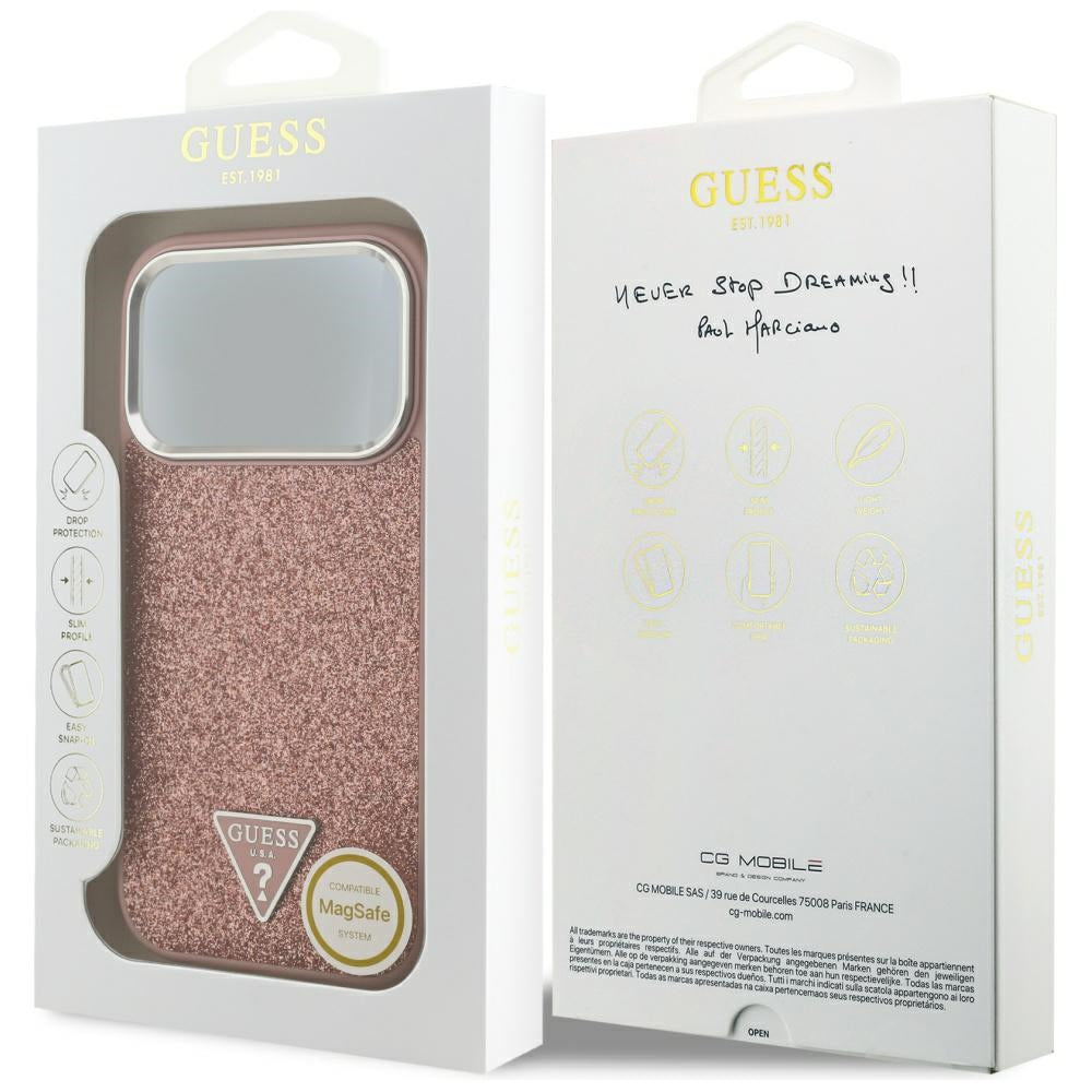 MagSafe Case for Apple iPhone 17 Pro, Guess, Glitter Triangle Logo, Pink