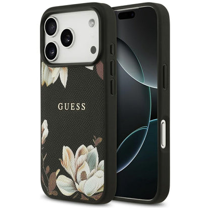 MagSafe Case for Apple iPhone 17 Pro, Guess, Grained Flowers, Black