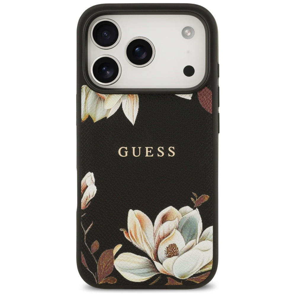 MagSafe Case for Apple iPhone 17 Pro, Guess, Grained Flowers, Black