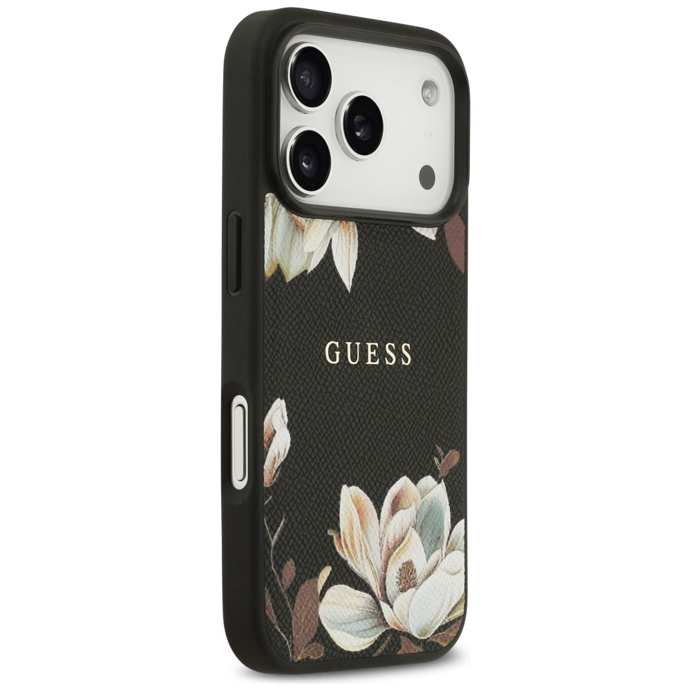 MagSafe Case for Apple iPhone 17 Pro, Guess, Grained Flowers, Black
