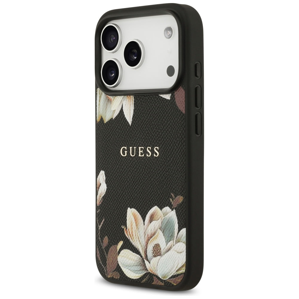 MagSafe Case for Apple iPhone 17 Pro, Guess, Grained Flowers, Black
