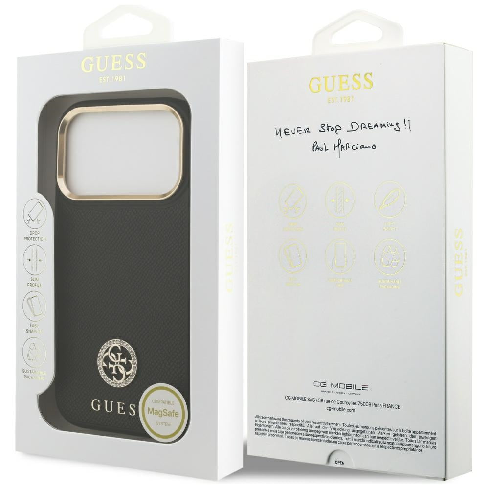 Coque MagSafe pour Apple iPhone 17 Pro, Guess, Logo Strass Grainé, Noir