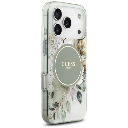 Étui MagSafe pour Apple iPhone 17 Pro, Guess, IML Flower and Tonal Circle, Vert