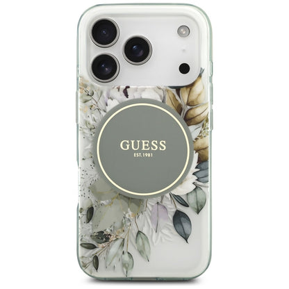 Étui MagSafe pour Apple iPhone 17 Pro, Guess, IML Flower and Tonal Circle, Vert