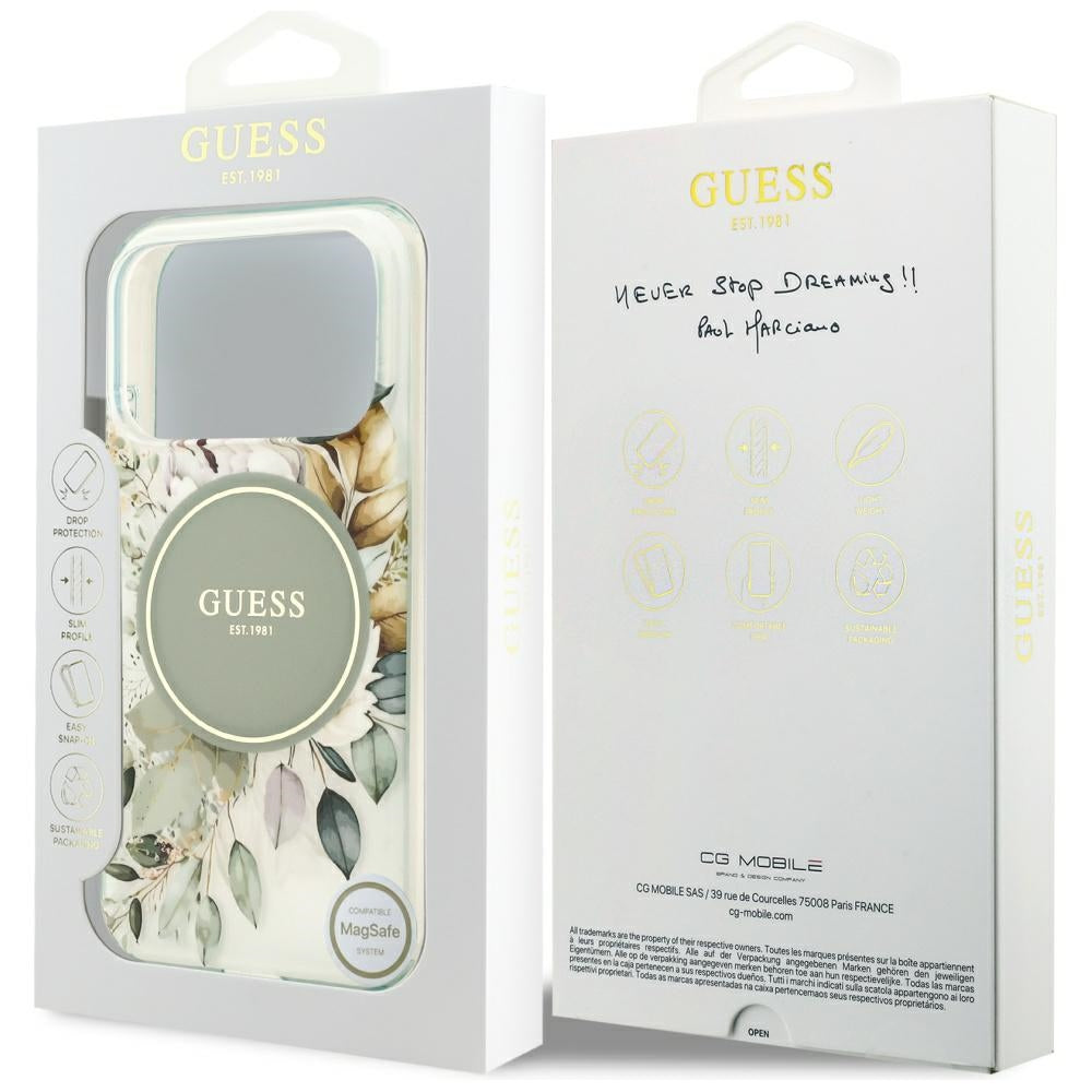 Étui MagSafe pour Apple iPhone 17 Pro, Guess, IML Flower and Tonal Circle, Vert