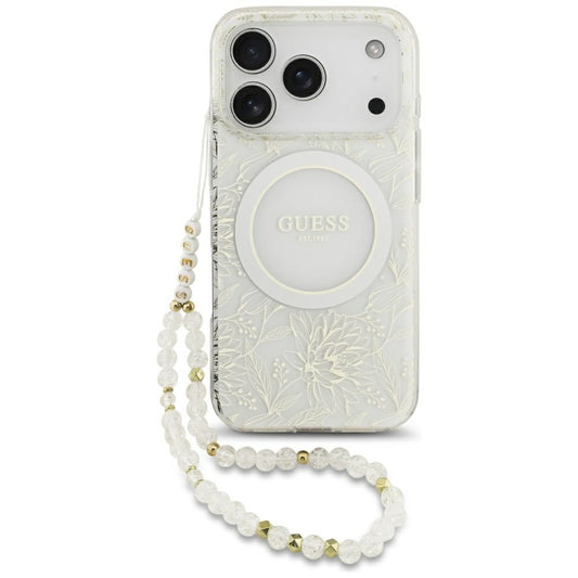 Étui MagSafe pour Apple iPhone 17 Pro, Guess, IML Flowers Allover Electroplated with Pearl Strap, Blanc