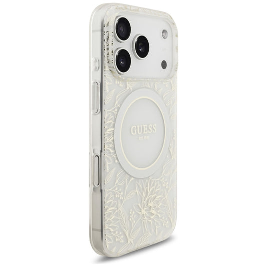 Étui MagSafe pour Apple iPhone 17 Pro, Guess, IML Flowers Allover Electroplated with Pearl Strap, Blanc