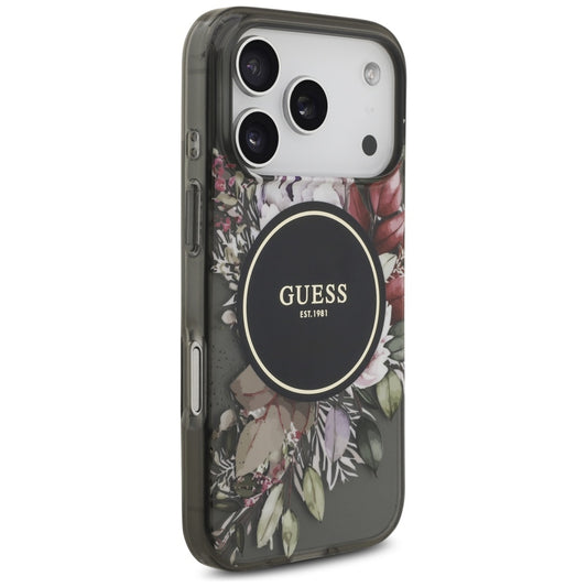 Coque MagSafe pour Apple iPhone 17 Pro, Guess, IML Flowers with Pearl Strap, Noire