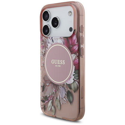 Étui MagSafe pour Apple iPhone 17 Pro, Guess, IML Fleurs avec Bandoulière Perle, Rose