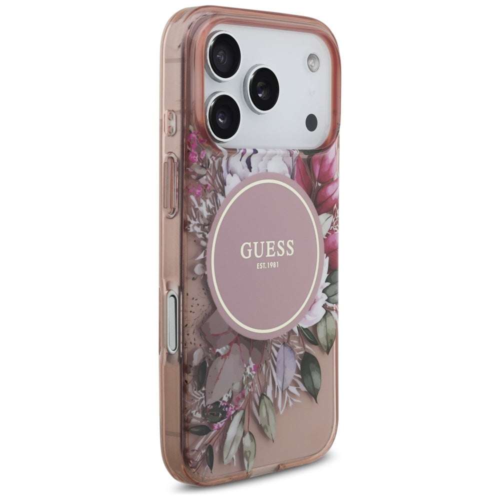 Étui MagSafe pour Apple iPhone 17 Pro, Guess, IML Fleurs avec Bandoulière Perle, Rose