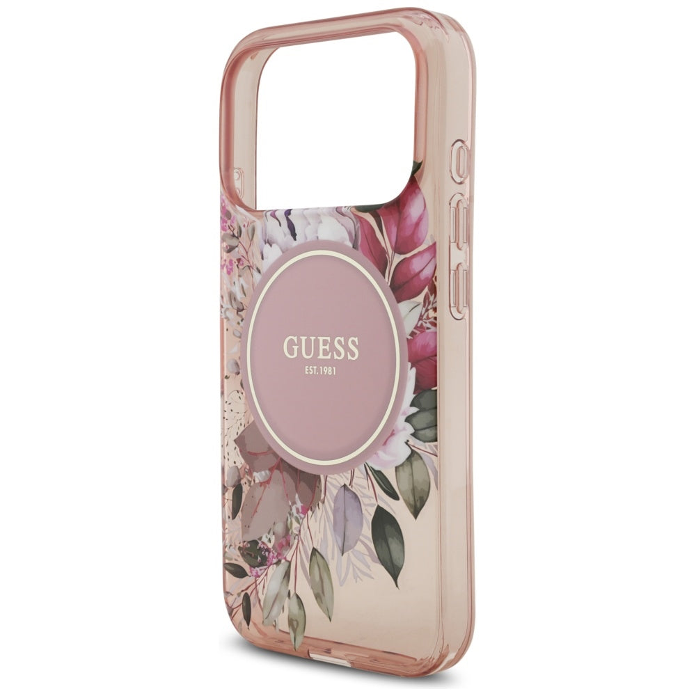 Étui MagSafe pour Apple iPhone 17 Pro, Guess, IML Fleurs avec Bandoulière Perle, Rose