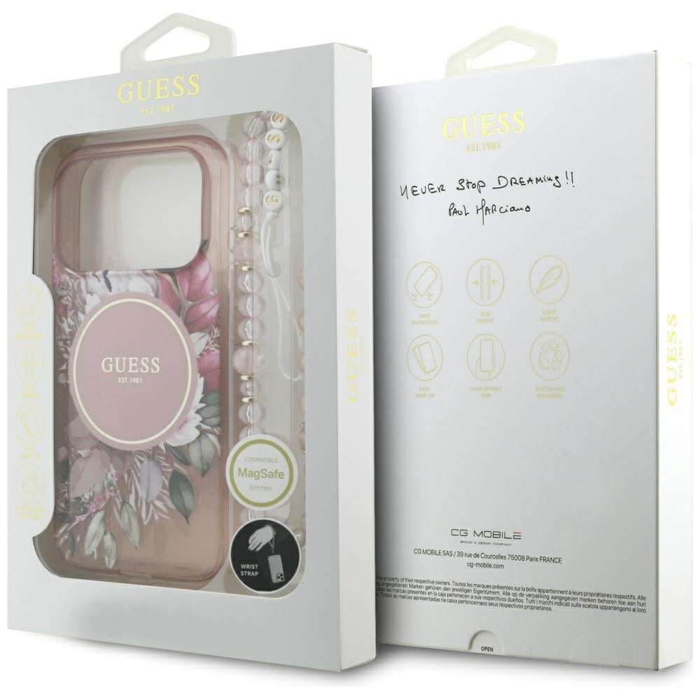 Étui MagSafe pour Apple iPhone 17 Pro, Guess, IML Fleurs avec Bandoulière Perle, Rose