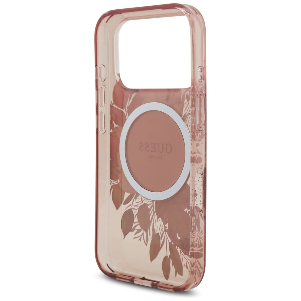 Étui MagSafe pour Apple iPhone 17 Pro, Guess, IML Fleurs avec Bandoulière Perle, Rose
