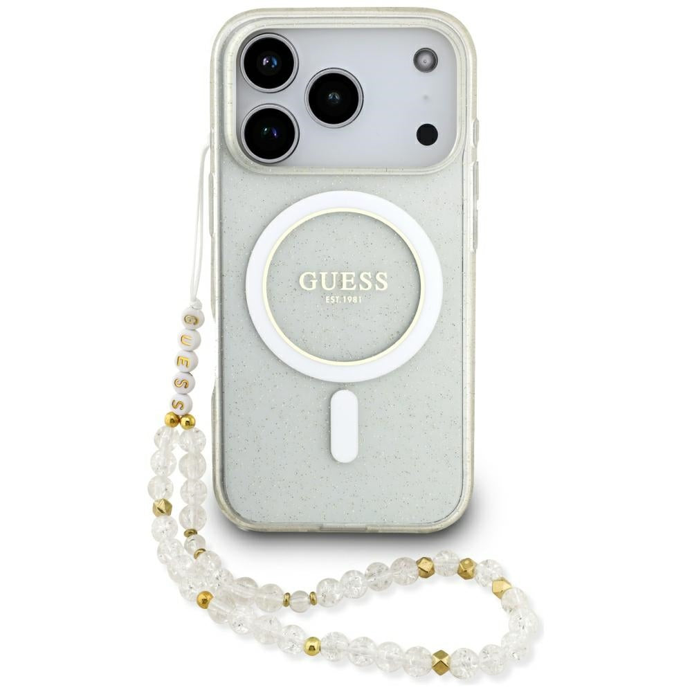 Coque MagSafe pour Apple iPhone 17 Pro, Guess, IML Glitter avec Lanière de Perles, Transparente