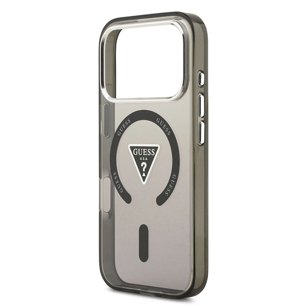 Coque MagSafe pour Apple iPhone 17 Pro, Guess, Logo Triangle Dégradé IML, Noir Argenté