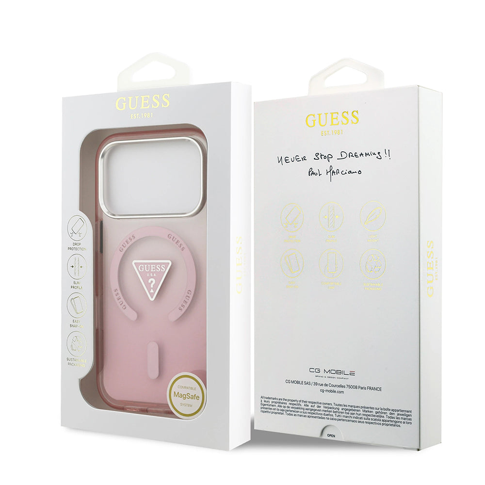 Coque MagSafe pour Apple iPhone 17 Pro, Guess, logo triangle dégradé IML, Rose