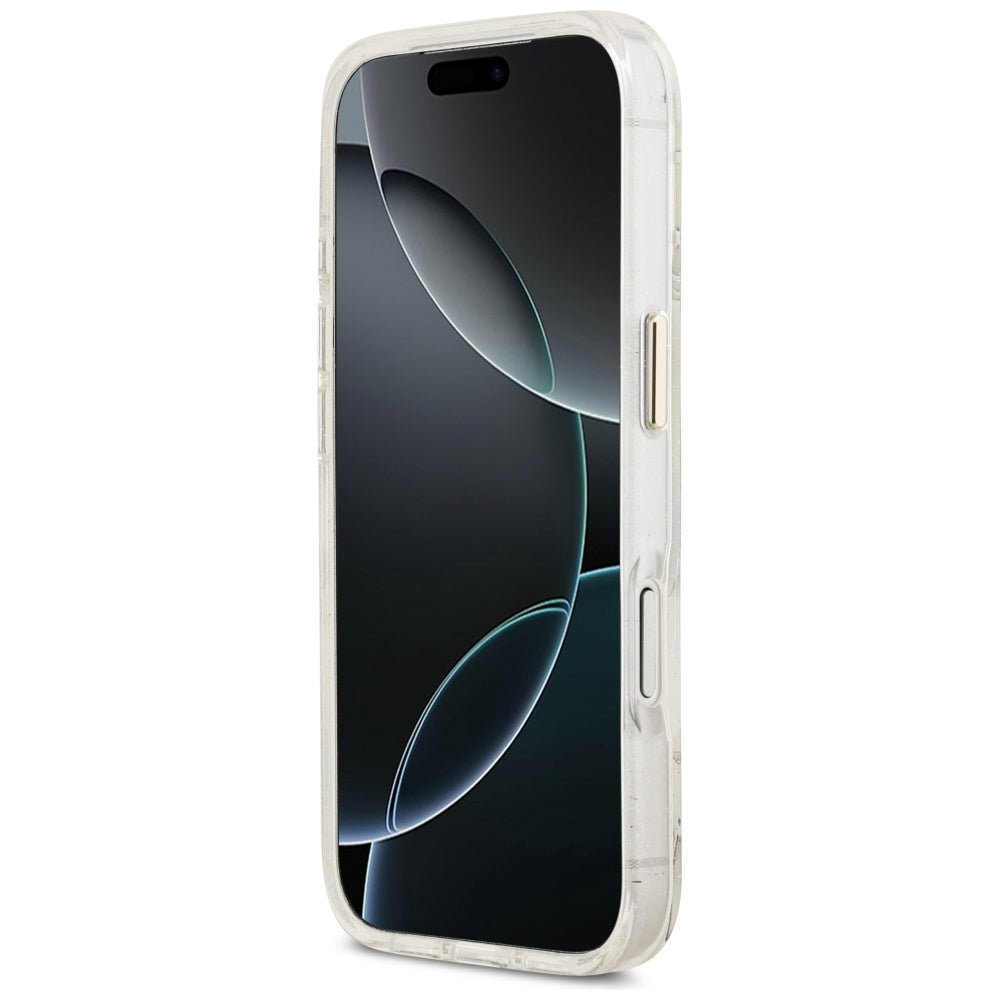 MagSafe Hülle für Apple iPhone 17 Pro, Guess, IML Metal Glitter Flowers Triangle, Weiß