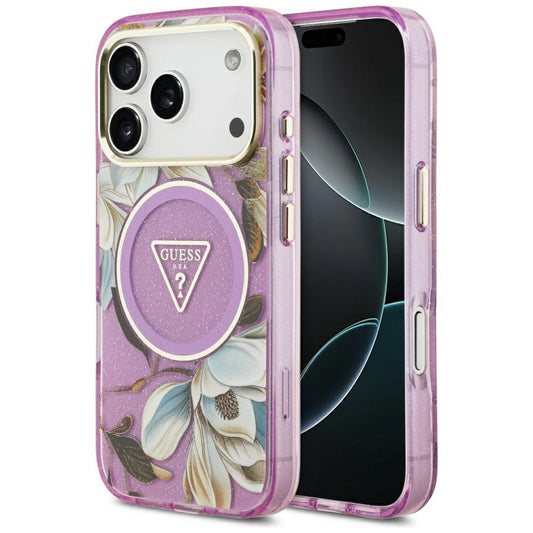 Coque MagSafe pour Apple iPhone 17 Pro, Guess, IML Metal Glitter Flowers Triangle, Violet