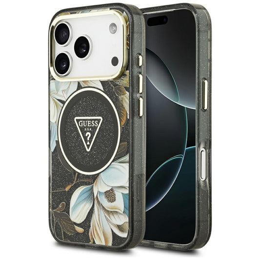 Étui MagSafe pour Apple iPhone 17 Pro, Guess, IML Metal Glitter Flowers Triangle, Noir