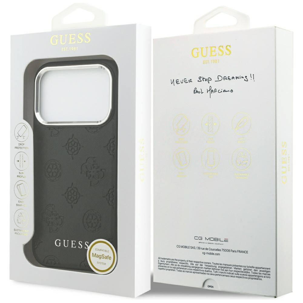 Coque MagSafe pour Apple iPhone 17 Pro, Guess, Peony Hot Stamp Script, Noire