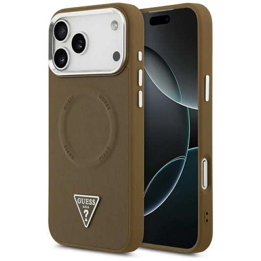 Coque MagSafe pour Apple iPhone 17 Pro, Guess, Logo Triangle, Marron Argenté