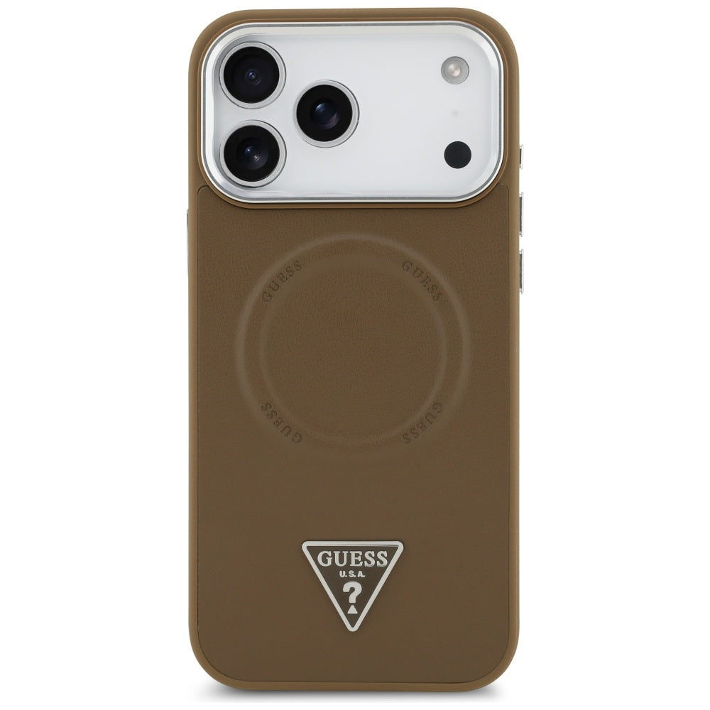 Coque MagSafe pour Apple iPhone 17 Pro, Guess, Logo Triangle, Marron Argenté