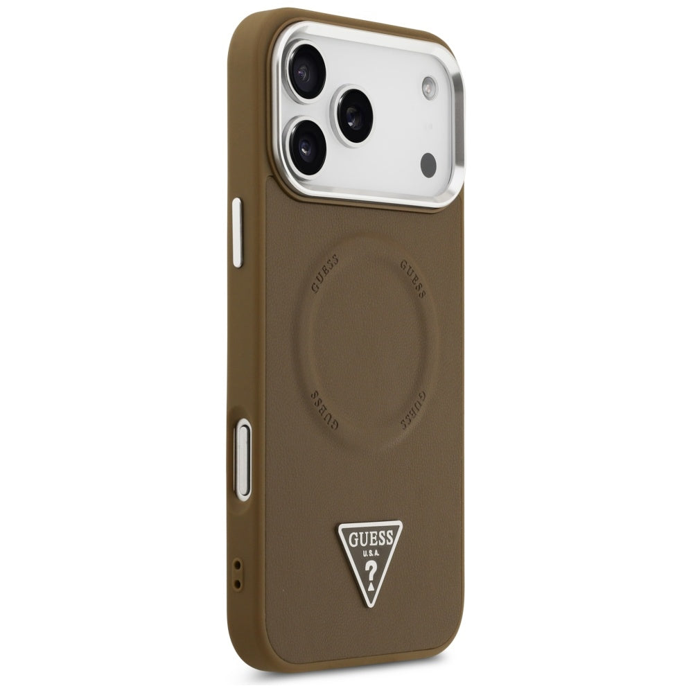 Coque MagSafe pour Apple iPhone 17 Pro, Guess, Logo Triangle, Marron Argenté