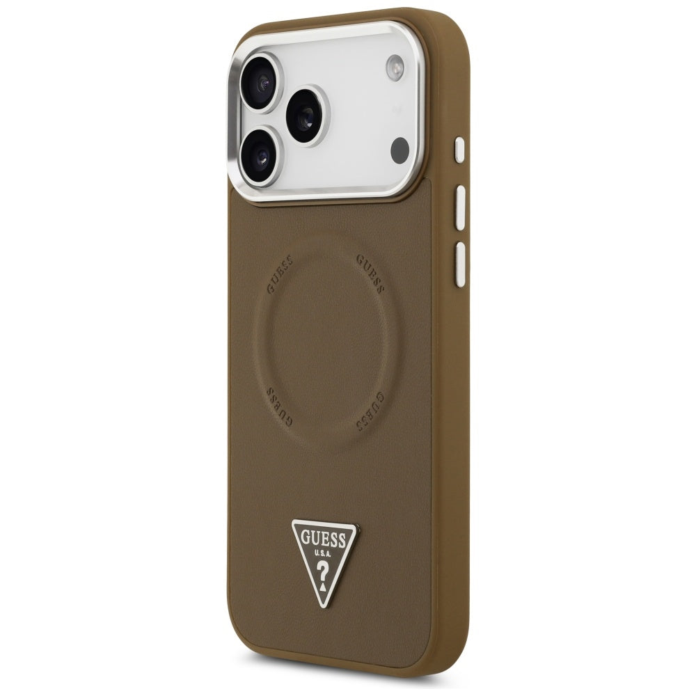 Coque MagSafe pour Apple iPhone 17 Pro, Guess, Logo Triangle, Marron Argenté