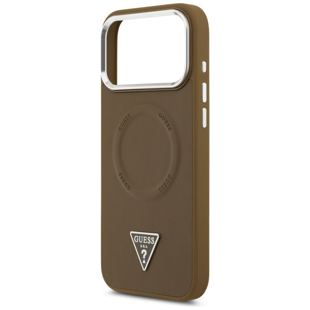 Coque MagSafe pour Apple iPhone 17 Pro, Guess, Logo Triangle, Marron Argenté
