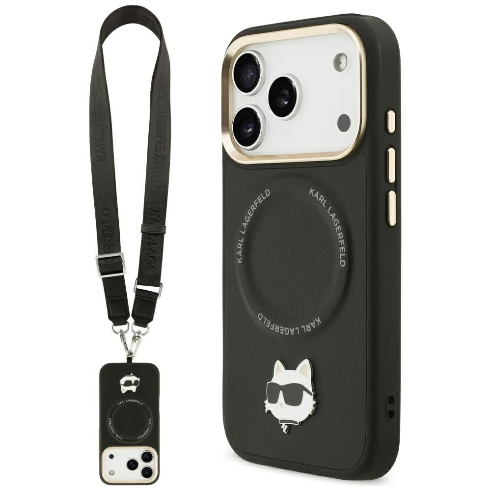 Étui MagSafe pour Apple iPhone 17 Pro, Karl Lagerfeld, Big Strap Choupette Metal Logo, Noir