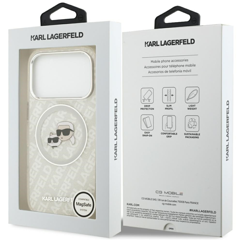 MagSafe Hülle für Apple iPhone 17 Pro, Karl Lagerfeld, Glitter Karl & Choupette Head, Weiß