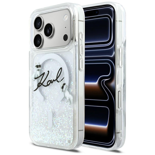 Coque MagSafe pour Apple iPhone 17 Pro, Karl Lagerfeld, Glitter Karl Script Logo, Transparente