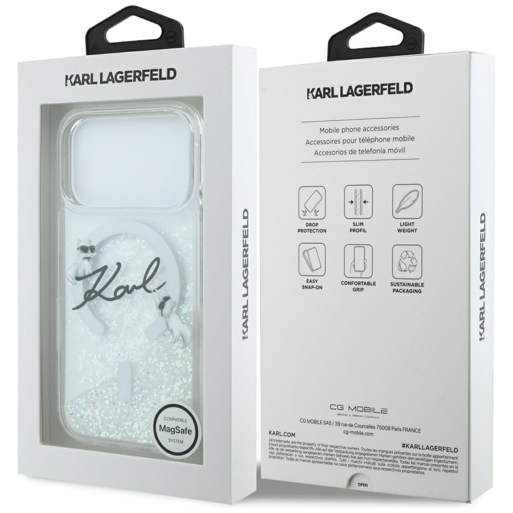 Coque MagSafe pour Apple iPhone 17 Pro, Karl Lagerfeld, Glitter Karl Script Logo, Transparente