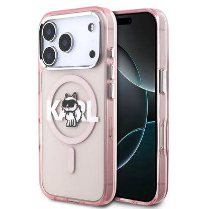 Étui MagSafe pour Apple iPhone 17 Pro, Karl Lagerfeld, IML Sketch Logo Choupette, Rose.