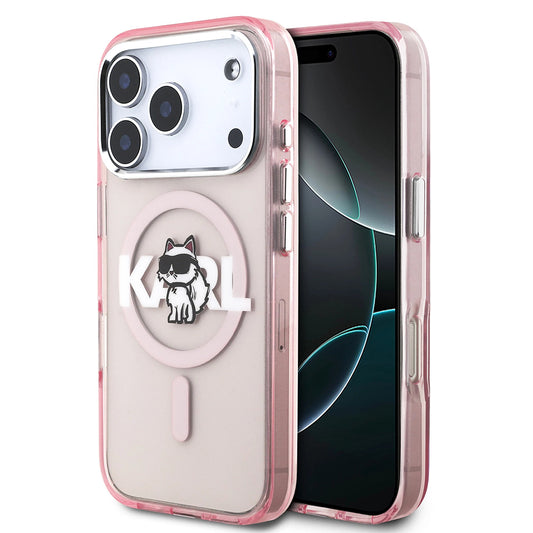 Étui MagSafe pour Apple iPhone 17 Pro, Karl Lagerfeld, IML Sketch Logo Choupette, Rose.