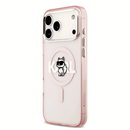 Étui MagSafe pour Apple iPhone 17 Pro, Karl Lagerfeld, IML Sketch Logo Choupette, Rose.