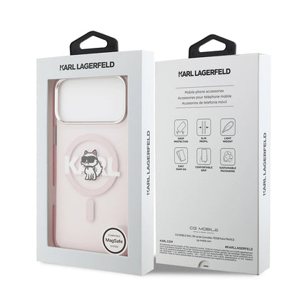 Étui MagSafe pour Apple iPhone 17 Pro, Karl Lagerfeld, IML Sketch Logo Choupette, Rose.