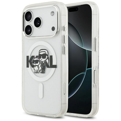 MagSafe Hülle für Apple iPhone 17 Pro, Karl Lagerfeld, IML Sketch Logo Glitter Karl & Choupette, Transparent