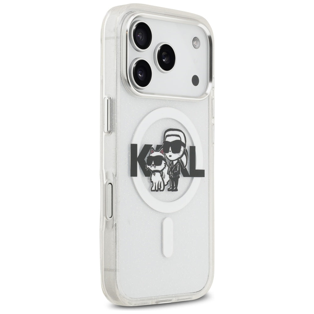 MagSafe Hülle für Apple iPhone 17 Pro, Karl Lagerfeld, IML Sketch Logo Glitter Karl & Choupette, Transparent