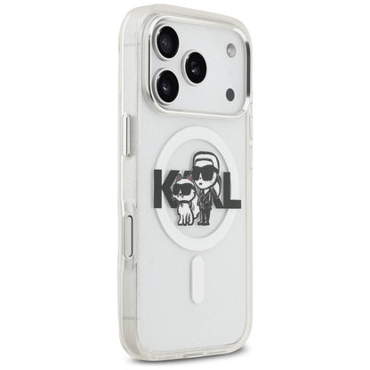 MagSafe Hülle für Apple iPhone 17 Pro, Karl Lagerfeld, IML Sketch Logo Glitter Karl & Choupette, Transparent